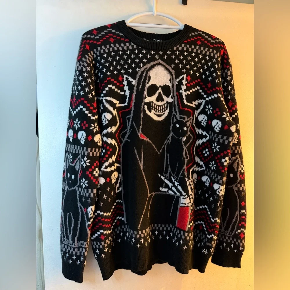 Killstar Gothic Skull & Black Cat Ugly Christmas Sweater XL Goth Holiday Knit - Picture 5 of 8